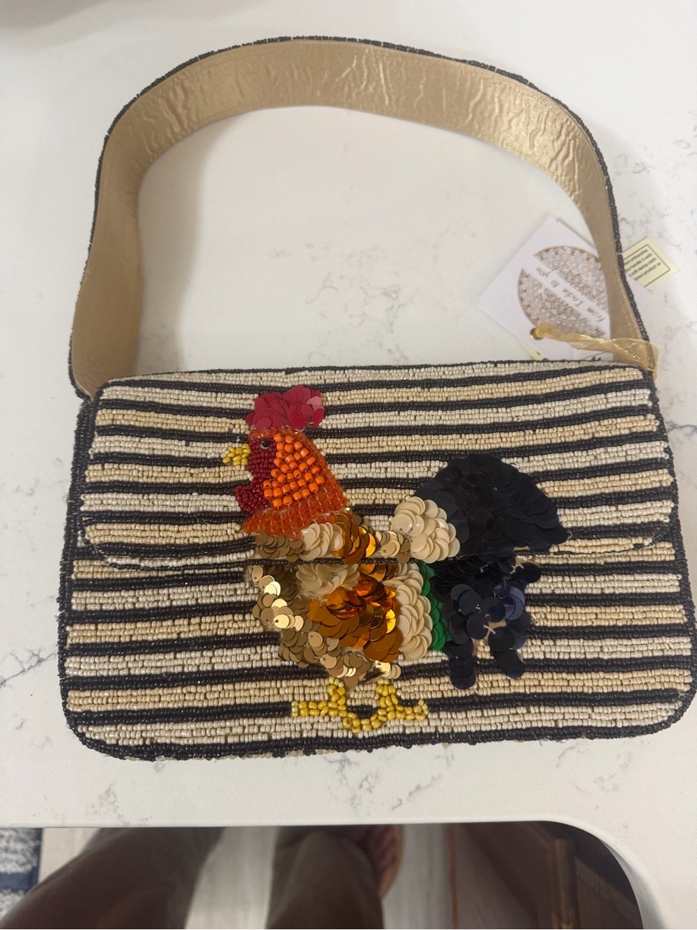 Beaded Striped Shoulder Bag with Sequin Rooster